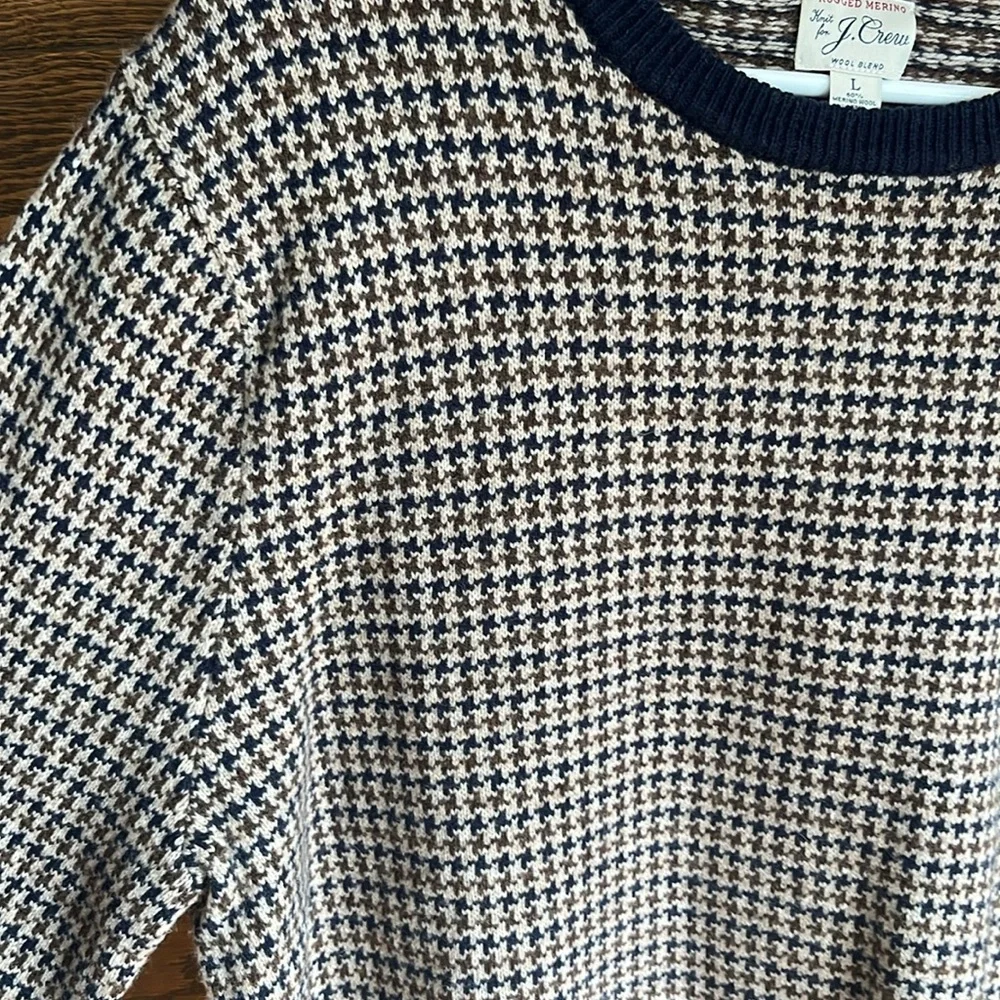J.Crew Merino Wool Blend Sweater Men Large Navy Hazelnut Houndstooth